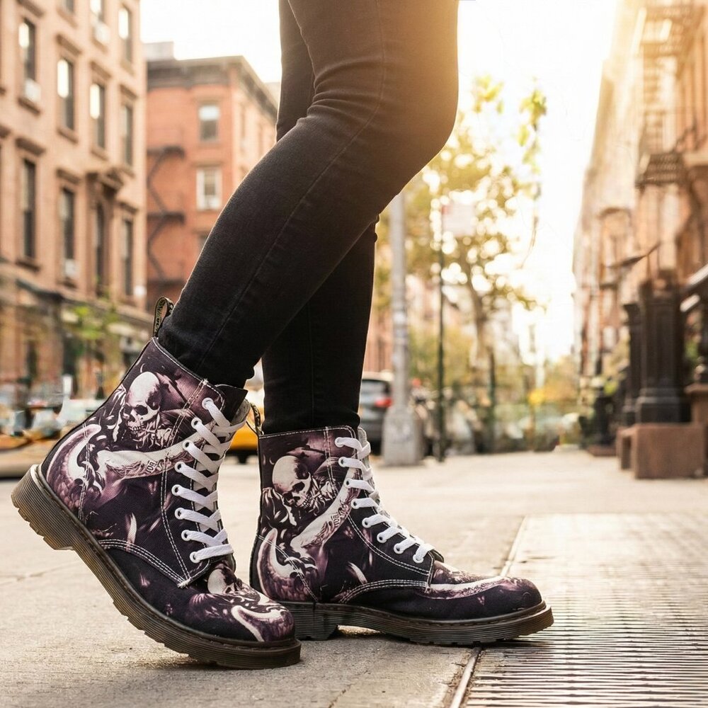 Women’s Gothic Skull Combat Boots Sneakers – Size 10 – Lace-Up Street Style Shoe
